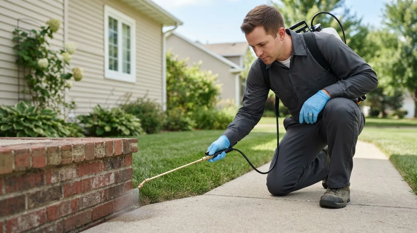 Pest control technician treating a home near Decatur, OH